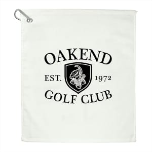 A white terry golf towel featuring a black logo with the text "Oakend Golf Club" and an established date of 1972.
