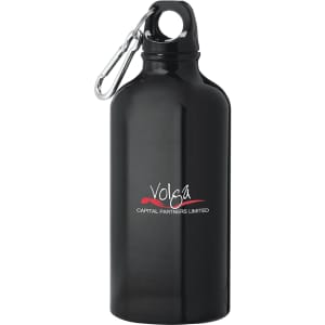 A drink bottle in shiny black aluminium with a carabiner clip and a logo design.