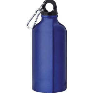 A drink bottle in a deep blue colour with a black cap and a carabiner attachment. It features a logo design.