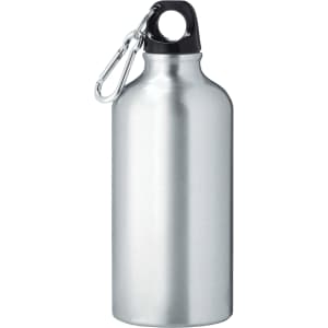 A drink bottle in sleek silver aluminium with a black cap and a detachable carabiner for convenience.