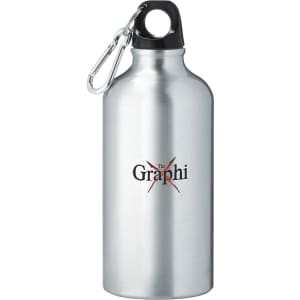 A drink bottle made of aluminium, featuring a silver finish and a black cap, with a logo on the surface.
