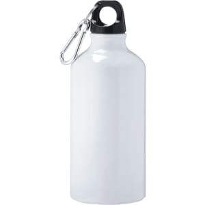 A drink bottle in white aluminium with a black cap and a carabiner clip for easy attachment.