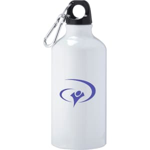 A drink bottle made of white aluminum, featuring a black cap and a carabiner, with a blue logo.