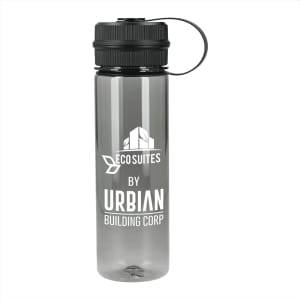 A drink bottle made from recycled R-PET, featuring a transparent grey body and a black screw-on lid with a carry handle.
