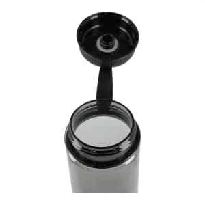 A drink bottle in grey with a black cap and a spout, featuring a removable lid and a logo.