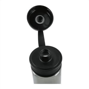 A drink bottle made from recycled R-PET, featuring a black cap and a clear body, showcasing a removable lid.