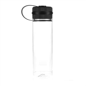A drink bottle made from clear recycled R-PET, featuring a black screw cap and a carrying loop.