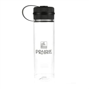 A drink bottle made of clear material with a black lid and a logo. It has a capacity of 620ml.