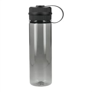 A drink bottle in grey with a black cap and a carrying loop, made from recycled R-PET material.