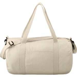 A beige Cotton 18 Barrel Duffel bag with two handles and a shoulder strap, featuring a logo.