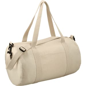 A cream-coloured Cotton 18 Barrel Duffel bag with long handles and an adjustable strap. It features a small pocket and a logo.