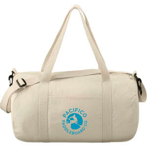 A cream cotton barrel duffel bag with shoulder strap and featuring a logo on the front.