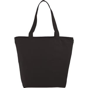 A black cotton tote bag with two shoulder straps and a zippered top, featuring a logo.