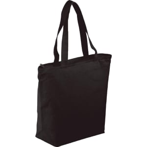 A black zippered tote bag with two handles, featuring a simple and spacious design.