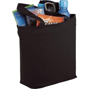A black zippered tote bag filled with a drink bottle, snacks, a pair of sunglasses, and brochures.