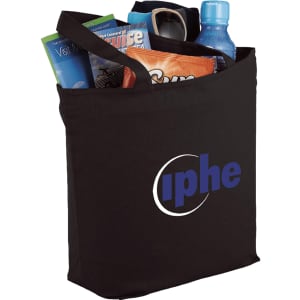 A black zippered tote bag filled with a drink bottle, snacks, and brochures, featuring a logo on the front.