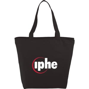 A black zippered tote bag with a logo on the front, featuring sturdy handles and a spacious design.