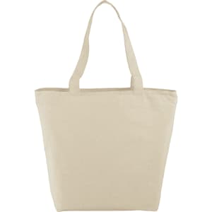 A cream-coloured zippered tote bag with two handles and a simple design, featuring branding.