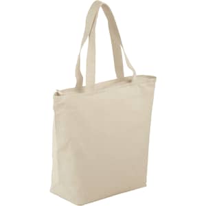 A cream-coloured zippered tote bag with sturdy handles, designed for carrying items. Features a logo on the surface.