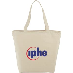 A cream cotton tote bag with a zippered top and sturdy handles. It features a logo on the front.