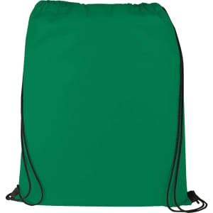 A green non-woven drawstring sportspack with black drawstrings and a logo.