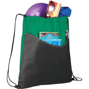 A green and black drawstring sportspack with a frisbee, sunglasses, a shirt, and brochures inside. It features a logo.