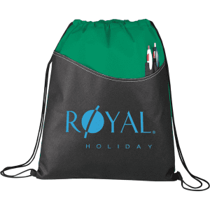 A green and black drawstring sportspack with a front pocket designed to hold pens and featuring a logo.