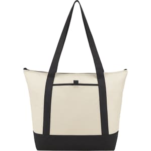 A tan and black tote cooler bag with long handles and a front pocket. It features a logo.
