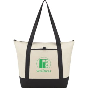 A beige non-woven tote cooler bag with black accents and a logo on the front. Holds 24 litres.