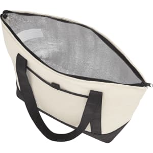 A non-woven boat tote cooler in cream and black with a zippered top and insulated interior. Includes a logo.