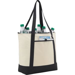 A beige and black tote cooler bag filled with several drink bottles and a small pocket in the front.