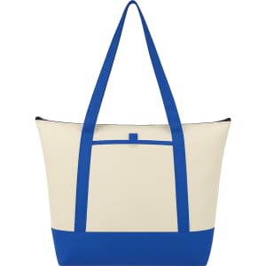 A blue and cream tote cooler bag with long handles and a front pocket. It features a logo.