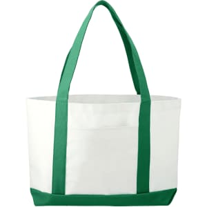 A large tote bag in white with green handles, featuring a logo on the front.