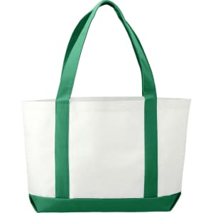 A large tote bag in white with green handles, featuring a logo on one side.