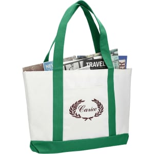A large tote bag with green handles and bottom, featuring a white body and a logo on the front.
