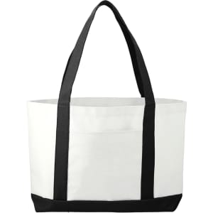 A large tote bag in white with black straps and a matching black base, featuring a logo.