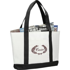 A large white and black tote bag with a logo, filled with newspapers and magazines.