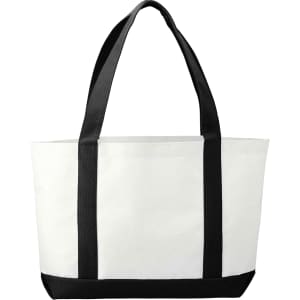 A large white tote bag with black handles and a black base, featuring a logo on the front.