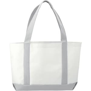 A large tote bag in white with grey straps, featuring a logo on the side.