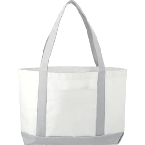 A large tote bag in white with grey handles and base, featuring a pocket and a logo.