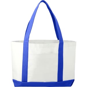 A large tote bag in white with blue handles and trim, featuring a simple design and a logo.