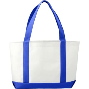 A large tote bag in white with blue handles and bottom, featuring a logo. Suitable for various carrying needs.