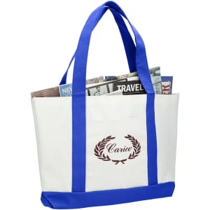 A large tote bag in white with blue handles and a logo, filled with newspapers.