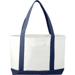 A large tote bag in white with navy blue handles and base, featuring a front pocket and a logo.