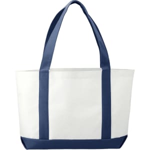 A large, white tote bag with navy blue straps and base, featuring a simple design and a logo.