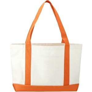 A large tote bag featuring a cream body with bright orange handles and bottom, equipped with a logo.