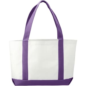 A large tote bag in white with purple straps and base, featuring a logo on one side.