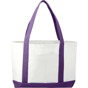 A large tote bag in white with purple handles and base, featuring a logo. Suitable for carrying various items.