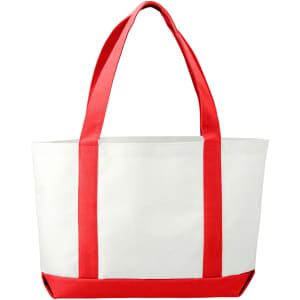 A large tote bag in white with red handles and a logo, featuring a spacious design for various items.