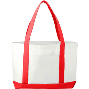 A large tote bag in cream with red handles, featuring a pocket on one side and a simple design.